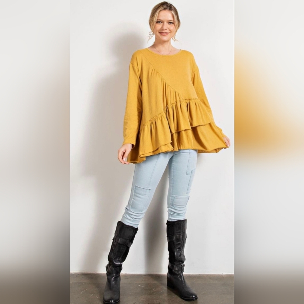 Easel Mustard Layered Tunic Top. S, M, L